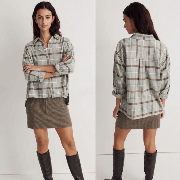 MADEWELL Flannel Frosted Sage Long Sleeve Boxy Shirt Womens Medium - Picture 1 of 7